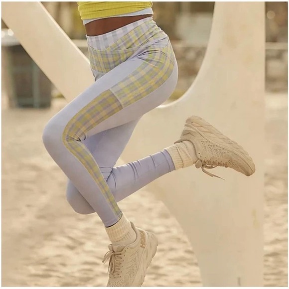 Free People FP Movement Lilac & Green Plaid Leggings Size M NWOT - Picture 2 of 12